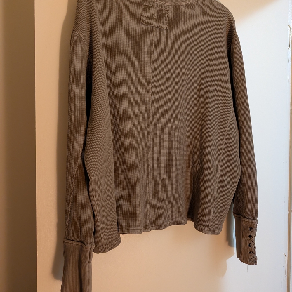 Free People Taupe Lace-Up Cuff Thermal Long Sleeve Top - Picture 5 of 7